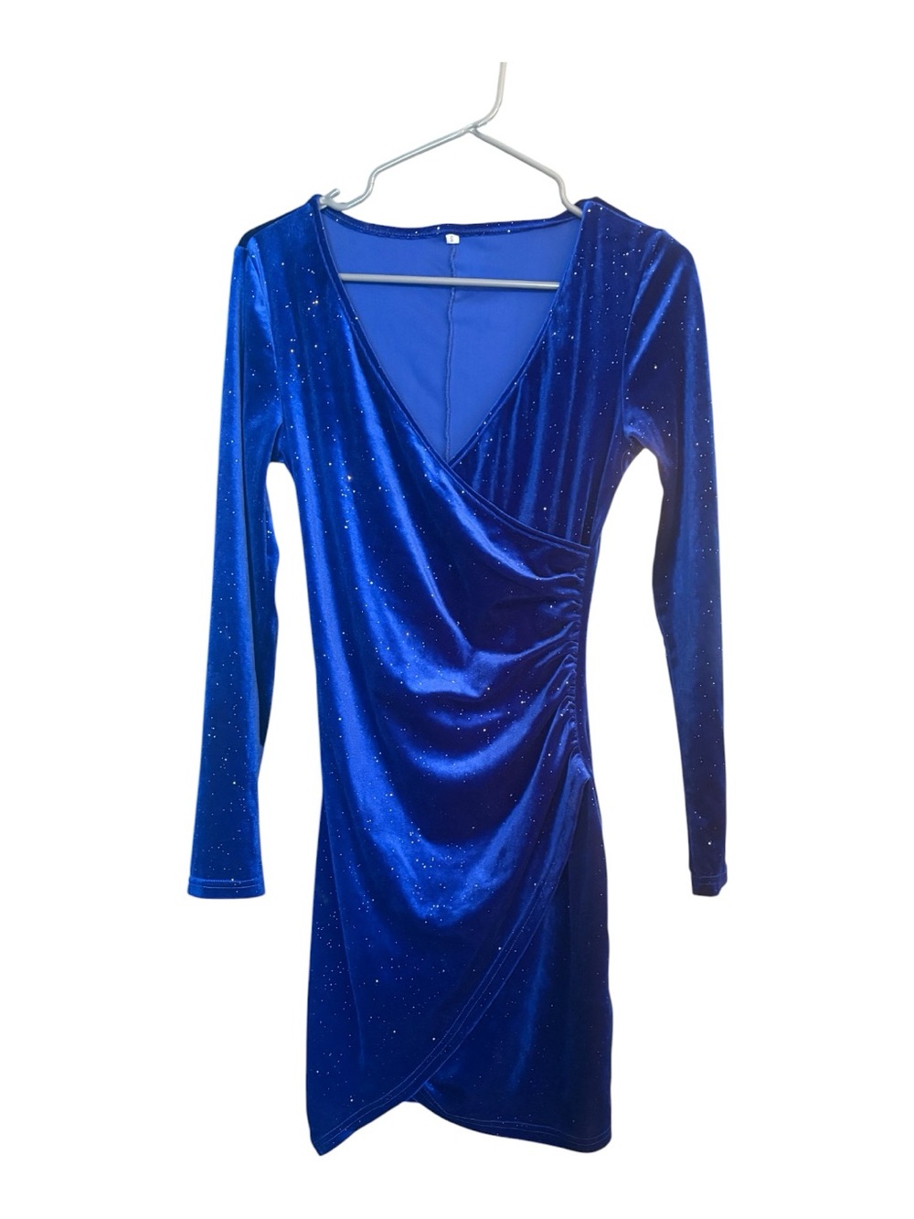 Royal Blue Velvet Wrap-Style Long Sleeve Dress